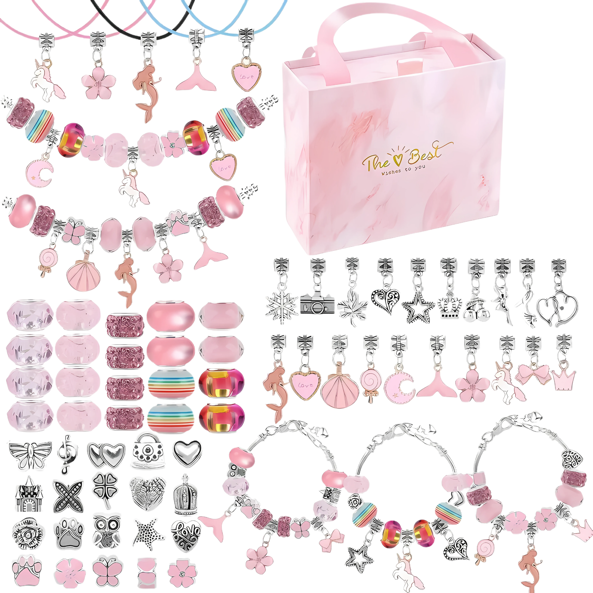 67 Pcs DIY Pink Charm Bracelet and Necklace Making Gift Box Kit